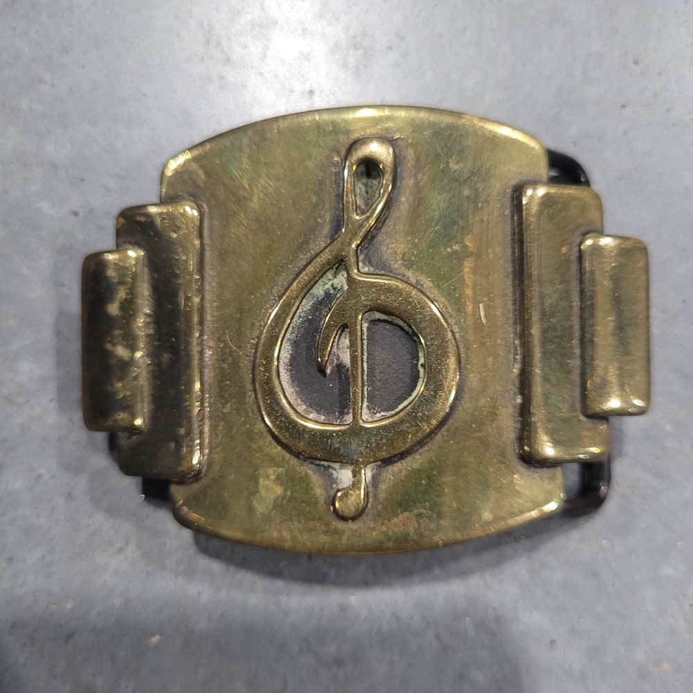 Vintage TMT Belt Buckle Brass Treble Clef Musical Note Composer Sheet Music 70s